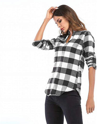 MisShow 5XL Women's Plaid Shirts Casual Notch V Neck Blouse Cuffed Long Sleeve Pullover Soft Tunic Shirt Camisas Beach Sun Tops