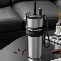 Stainless Steel Vacuum Insulated Bottle Large Caliber Large Capacity Thermal Cup With Straw with Lifting Rope Insulated Cup Car