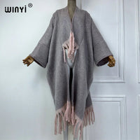 WINYI new Winter Women Solid color Luxury Fur Neutral coat Loose cardigan elegant Warm Female coat over poncho tassels jacket
