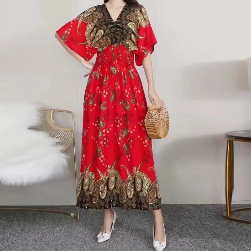 Summer Poplin Dresses Women Round Neck Puff Short Sleeve A Line Print Dresses Ethnic Style Tight High Waist Long Dress 2023