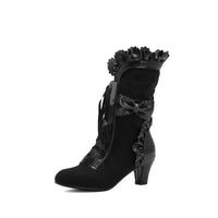Autumn Winter Vintage Women Victorian Boots Lace Up High Heel Bootie Ruffle Trim Lolita Princess Cosplay Tea Party Costume Shoes