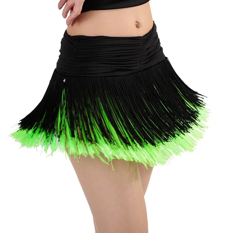 Women's Sexy Latin Dance Contrasting Colors Tassel Skirt With Built In Safety Shorts Soft Elastic Waistband Girly Dancewear