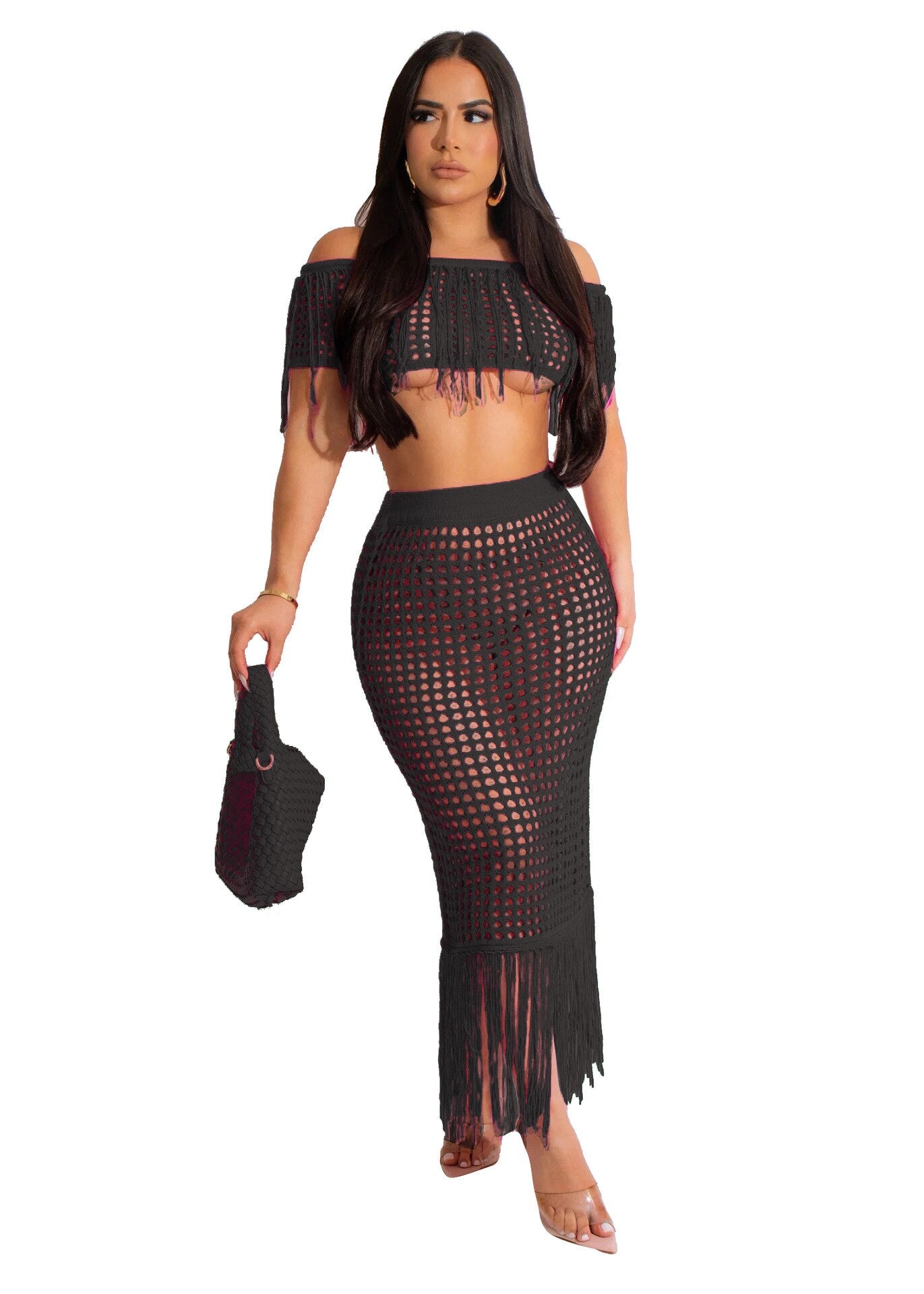 Slash Neck Solid Tops Swimsuit Cover Ups 2 Piece Set Sexy  Holiday Women Hand Crochet Ruffles Tassel Knitted Beach Maxi Dress