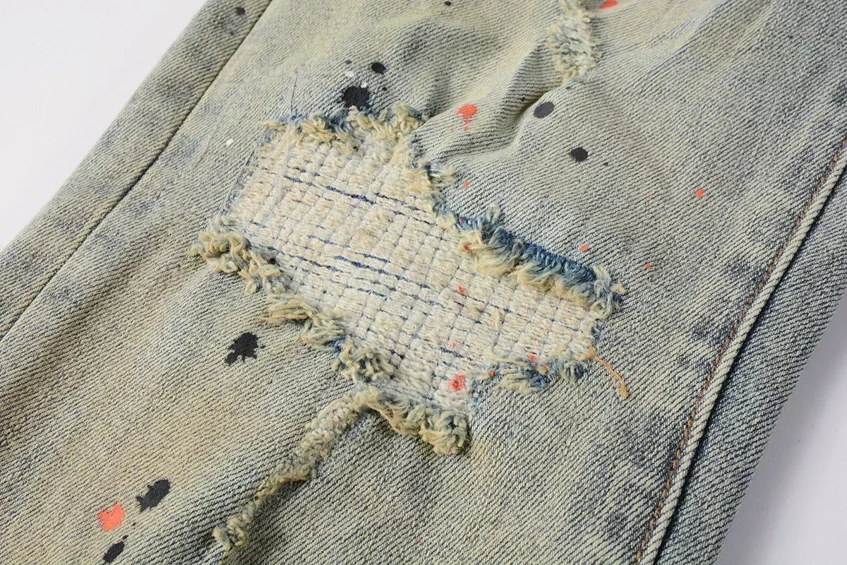 Men's Skinny Denim Jeans 2025 New Streetwear Distressed Painted Repair Low-Rise Brand Pants for Casual Style