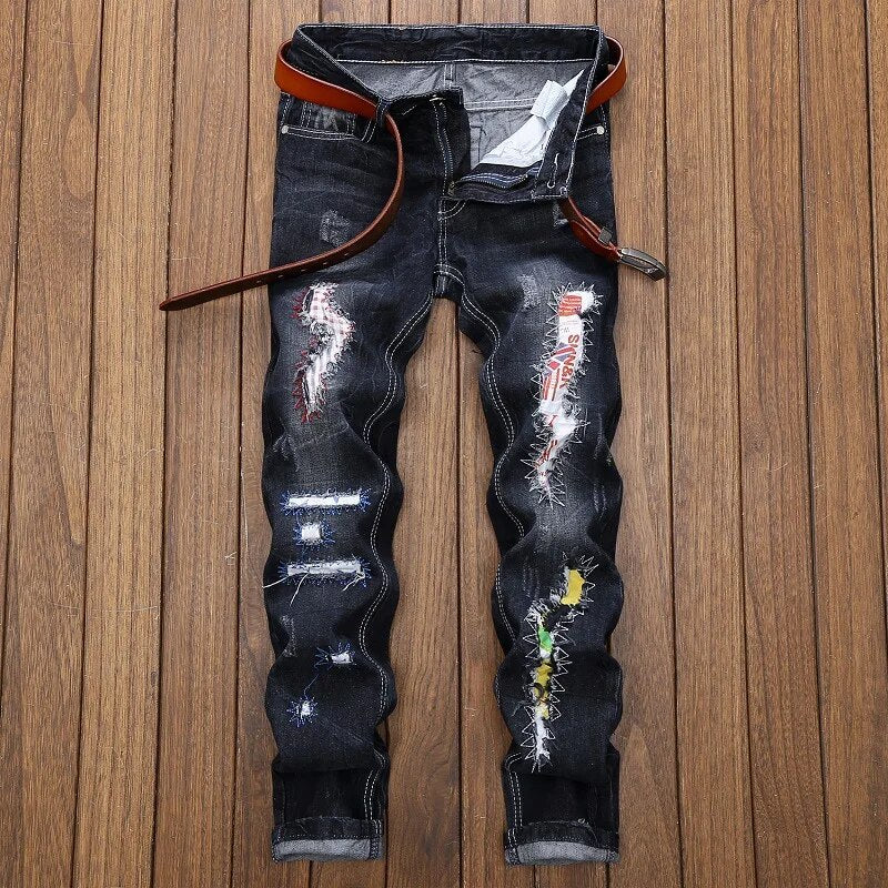 Spring And Summer Men's Jeans Straight Distressrd Wash Retro High Street Pants Vintage Casual Patchwork Blue Male Hip Hop Y2k