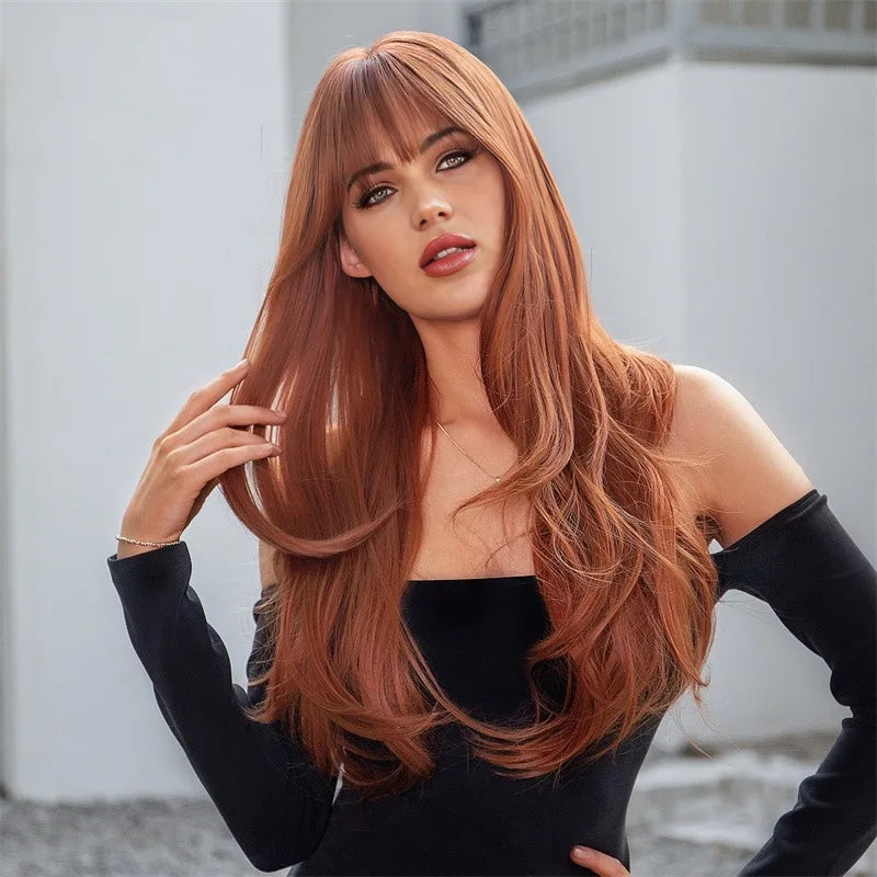 New wig for women long curly hair with bangs shaved face big waves synthetic fiber high temperature silk full head cover