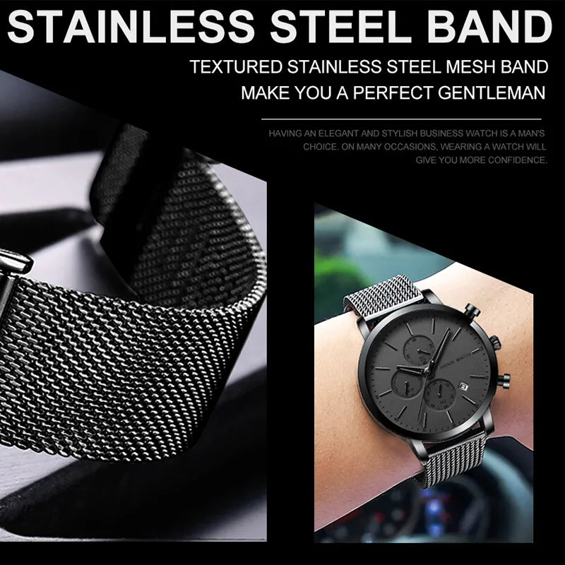 Men Watches Top Brand Fashion Multifunction Small Dial Stainless Steel Mesh Business Waterproof Wrist Watches Relogio Masculino