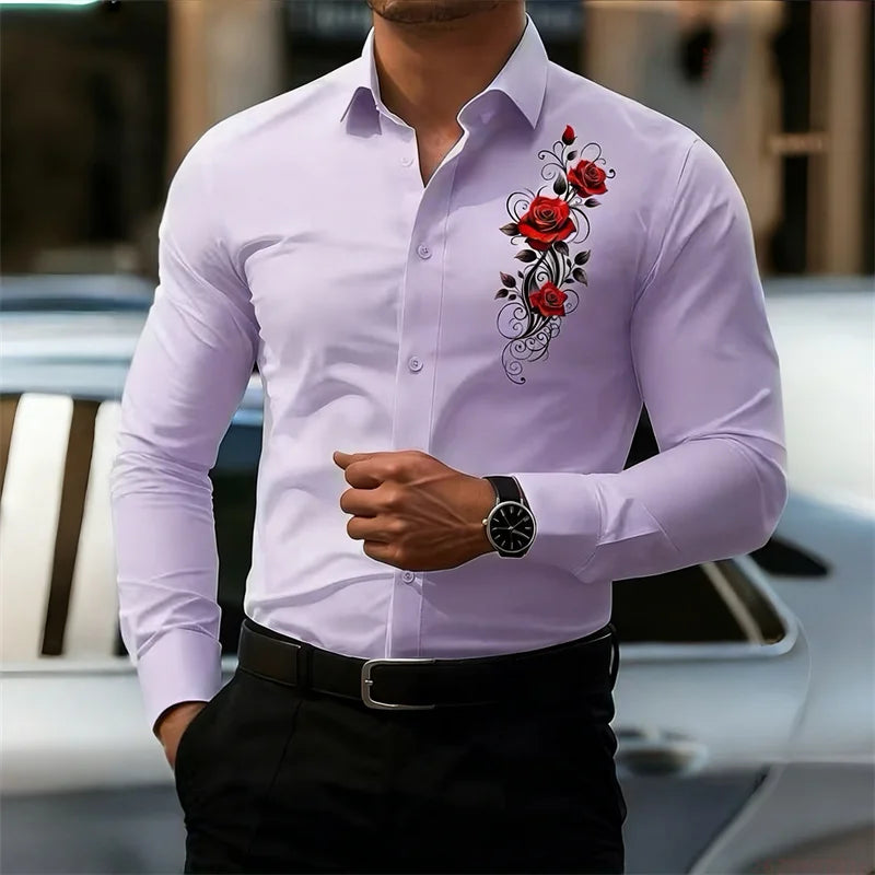 Men's long-sleeved shirt, featuring a vintage red rose print design.  A stylish business casual shirt and fashionable men's top.