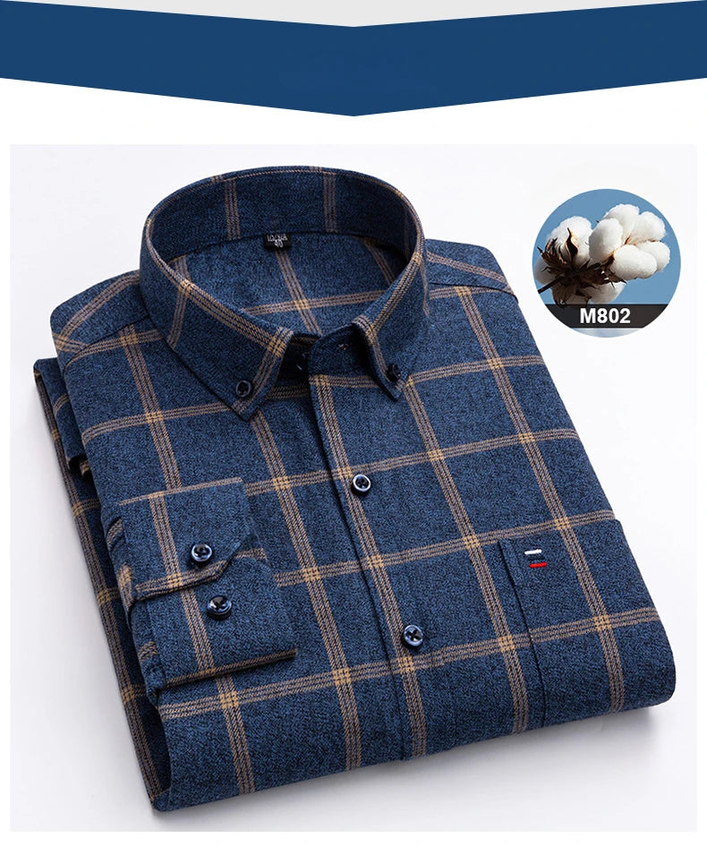 New in shirtplus size 7XL 100%cotton sanding long-sleeve shirts for men slim fit plain shirt striped plaid single pocket clothes