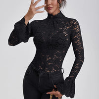 Anfilia Women Lace Shirts Turtle Neck Elegant Flare Long Sleeves Hollow Out Slim-fit Crochet Sexy Blouse