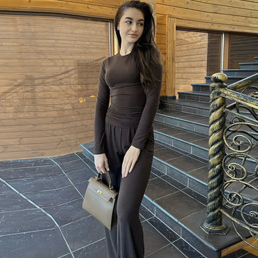 Apprabant Solid Pleated Casual Basic Trousers Set Round Neck Long Sleeve Top Fashion Sports Style High Waist Wide Leg Pants Suit