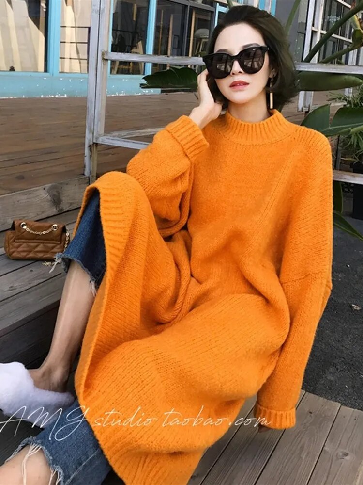 Winter Women Dress Fall Sweater Women Dress Long Sleeve Knitted Dresses Maxi Vintage Oversize Dresses Knitting Thick Warm Purple