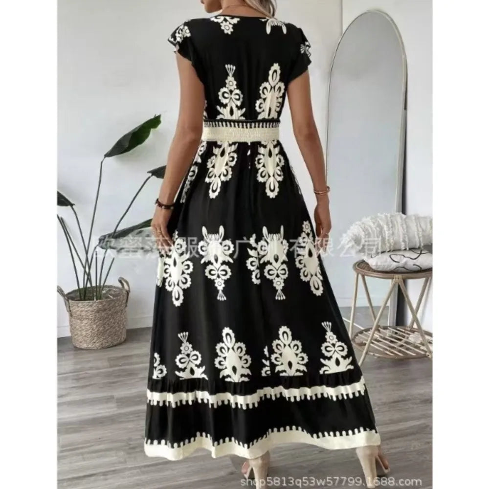 Women's Holiday Wind Beach Print Dress Summer Fashion High Waist Slim Body Casual V Neck Swing Elegant Ladies Office Long Dress