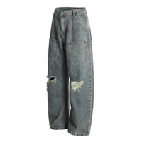 Ripped Jeans Mens With Rivets Pocket Retro High Street Washed Distressed Loose Wide leg Denim Pants Men