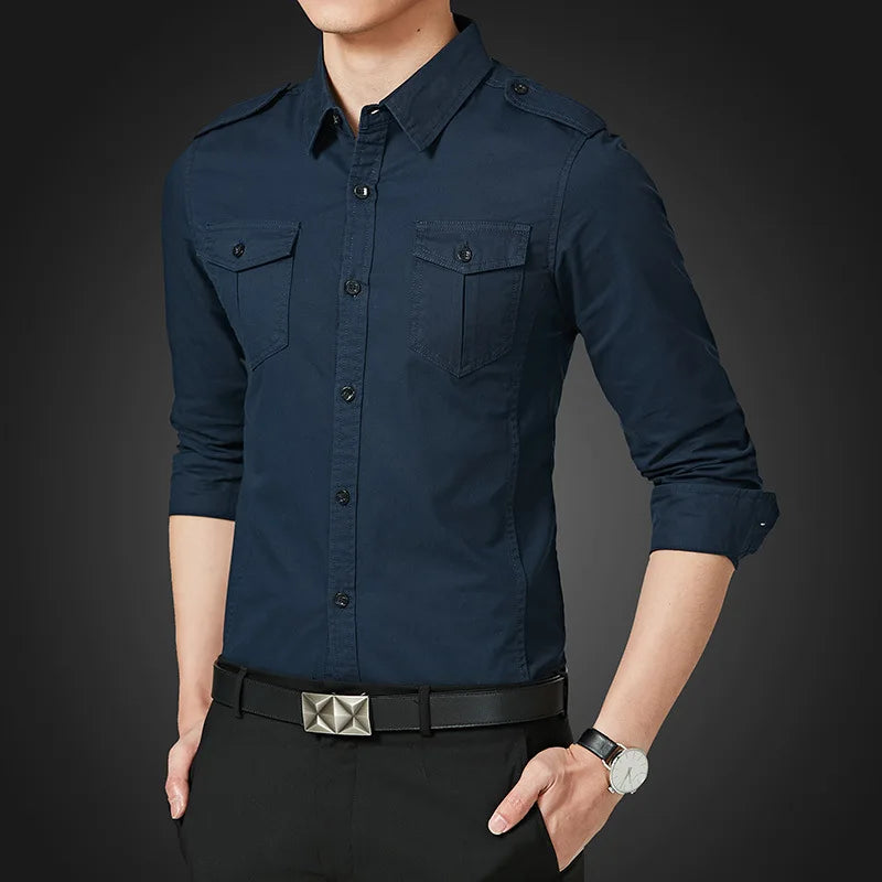 Mens Military Shirts 2025 Autumn Long Sleeve Casual Workwear Pocket Shirts Camisas Slim Solid Male Military Shirts Chemise Homme