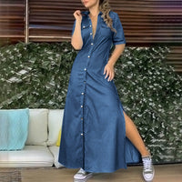 Sexy 2022 Fashion Pockets Denim Dress Women Turndown Collar Half Sleeve Single Breasted Slit Long Dress