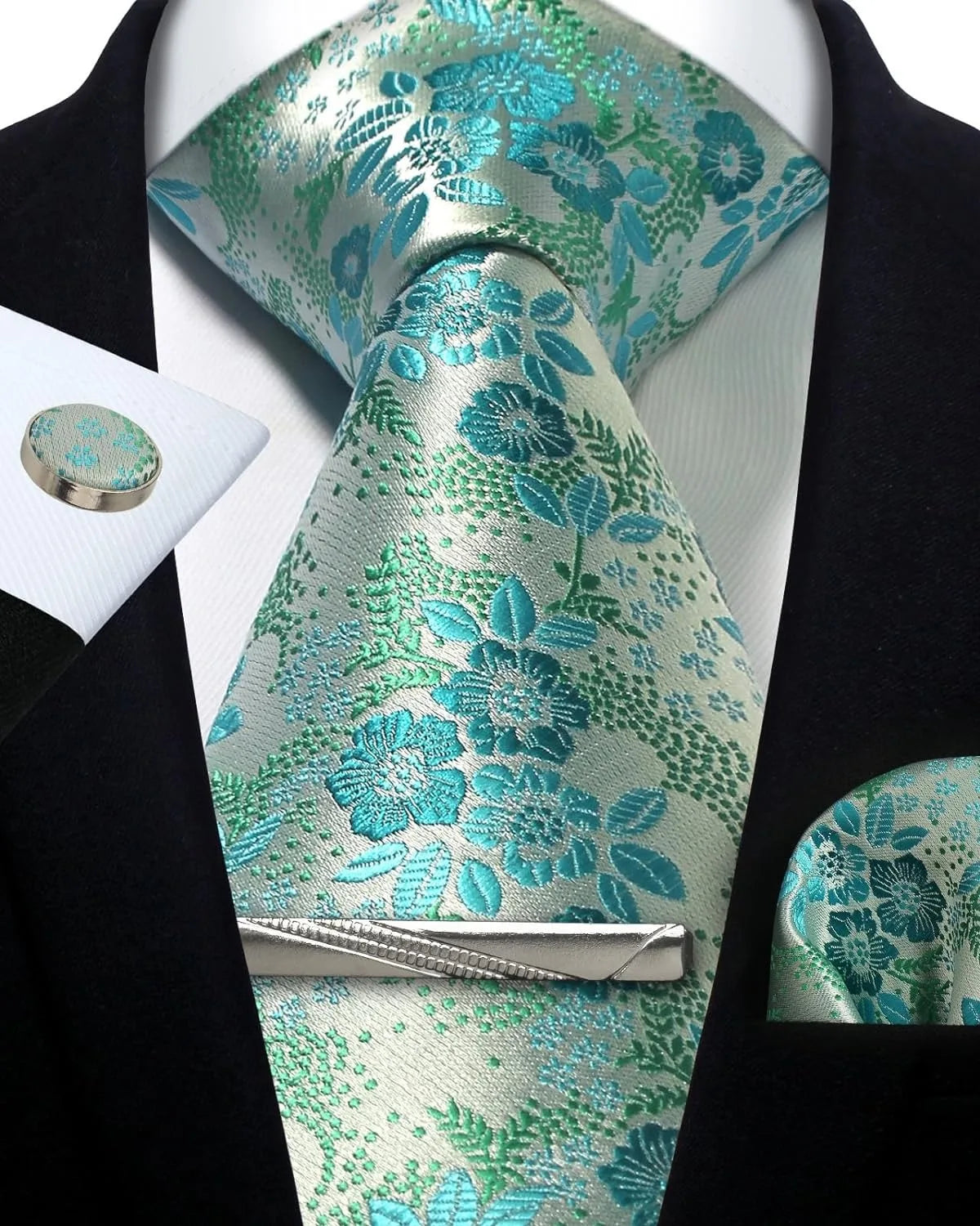 Mens Tie Set Silk Silver Paisley Floral Necktie and Pocket Square Cufflinks Tie Clip Classic Formal Ties for Men Wedding Party
