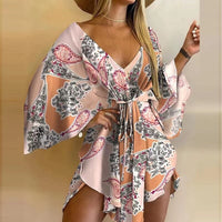 2023 New Summer Beach Elegant Dresses Women Sexy V Neck Lace-up Floral Print Mini Dress Casual Flared Sleeves Ladies Party Dress