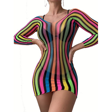 Stunning Fish Net Teddy Dress Semi-Sheer Rainbow Striped Party Dress Women Lingerie Dresses