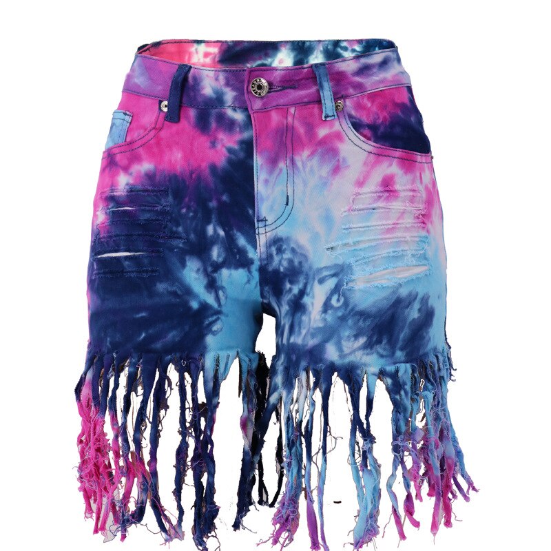 2022 New Women's Summer Tie Dye Long Tassel Denim Shorts Fashion Skinny High Stretch Jeans