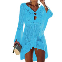 Sexy 2022 Beach Cover Up Crochet Knitted  Women Flared Sleeves Beach Dress