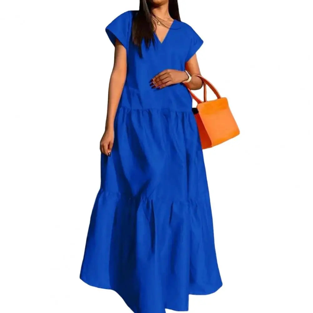 Women sundress Loose V-neck Patchwork Short Sleeves Solid Color Beach Dress Summer Women Dress Elegant Large Hem Maxi Dress Blue / 4XL