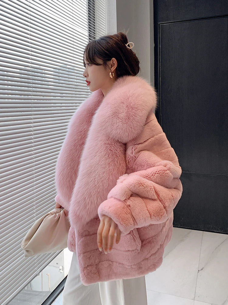 Furyoume Winter Women Real Rex Rabbit Fur Coat Thick Warm Natural Fur Jacket With Fox Fur Collar Luxury Chinchilla Overcoat