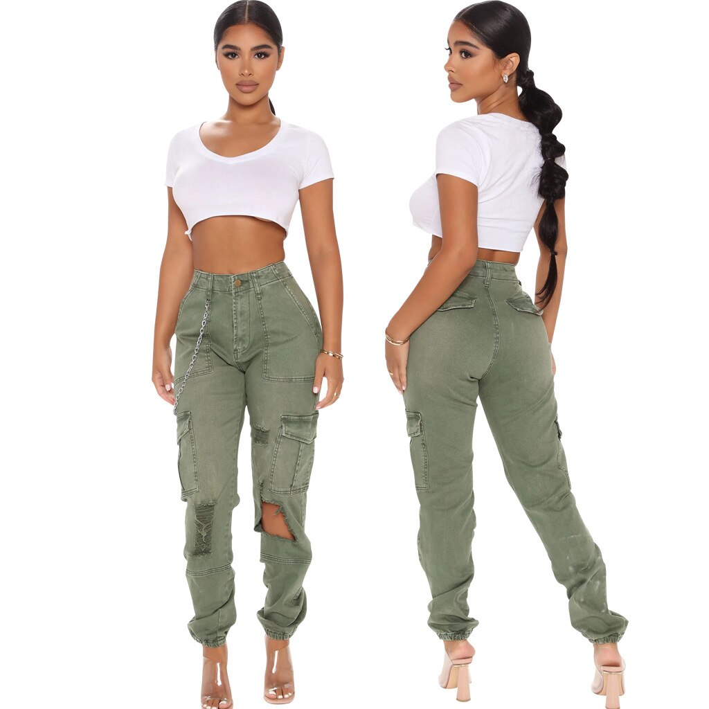 Camouflage Cargo Jeans Women 2023 Summer Hollow Out Ripped High Waist Black Stretch Jeans Woman Casual Big Pocket Denim Trouser