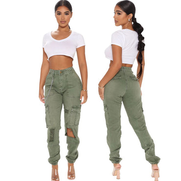 Camouflage Cargo Jeans Women 2023 Summer Hollow Out Ripped High Waist Black Stretch Jeans Woman Casual Big Pocket Denim Trouser