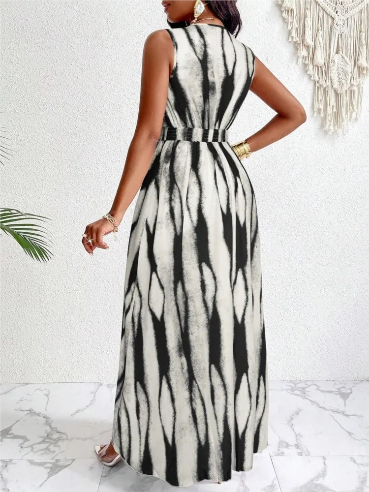 New Fashion Temperament Print Waist Cinching Dress Summer Elegant V-neck Sleeveless Vacation Style Long Printed Dress For Women