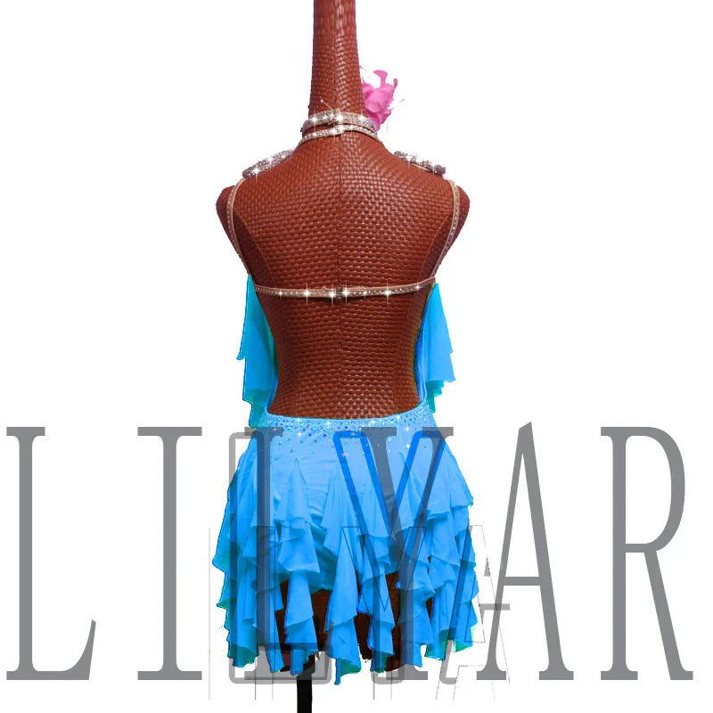 New Latin  Competition Performance  Adult Custom Children's Purple Tassel Backless Dance Skirt Blue Pleated Skirt