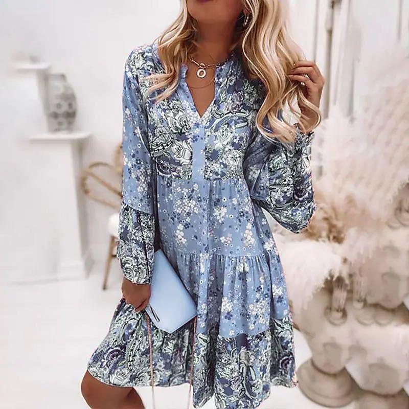 Elegant Beach Floral Print Women Dress Bohimian Loose Flare Sleeve Casual V Neck Dress Ladies Summer Fashion Patchwork Clothing