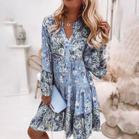 Elegant Beach Floral Print Women Dress Bohimian Loose Flare Sleeve Casual V Neck Dress Ladies Summer Fashion Patchwork Clothing