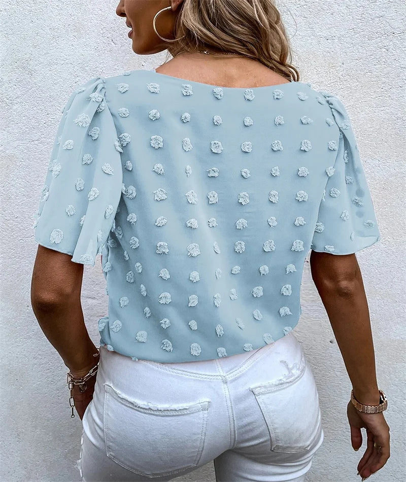 Spring and summer fashion pure color shirt new style woven jacquard ball casual short-sleeved t-shirt