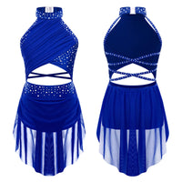 Kids Girls Sleeveless Fringed Bodysuit Moden Latin Jazz Dance Leotard Dress Rhinestones Gymnastics Skating Performance Costumes