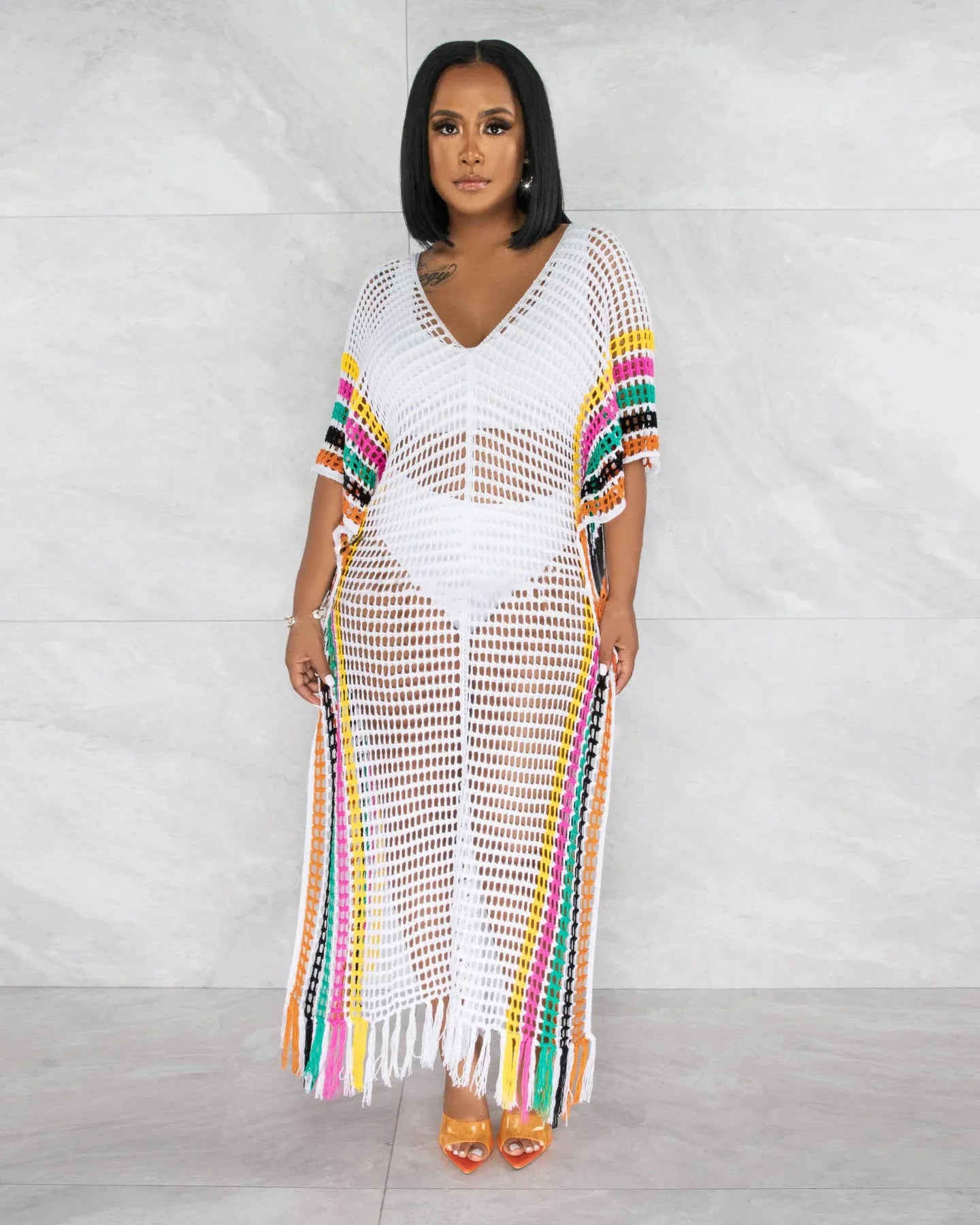 CM.YAYA Vintage Women Striped Crochet Knit Hollow Out V-neck Batwing Sleeve Maxi Long Slim Dress 2023 Sexy Party Evening Dresses