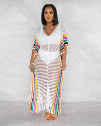 CM.YAYA Vintage Women Striped Crochet Knit Hollow Out V-neck Batwing Sleeve Maxi Long Slim Dress 2023 Sexy Party Evening Dresses