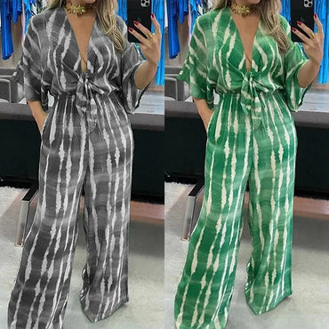 Women Jumpsuit Printed Hanging Neck Sexy Backless Lace-up Slit Jumpsuit Loose Wide Leg Pants Bare Shoulder Casual Romper Women