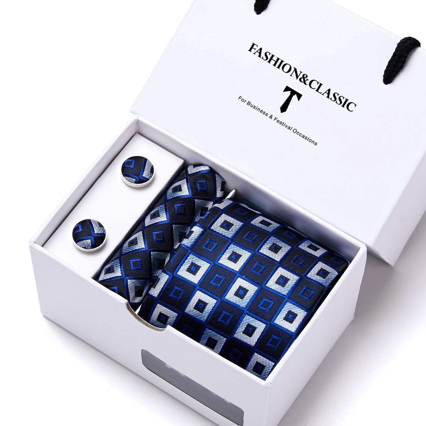 High Quality 7.5 cm Stripe Blue Tie Pocket Square Cufflinks Set For Men Gift Box Wedding Gravatas Fit Workplace