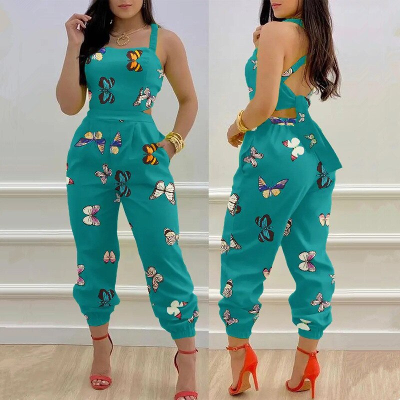 Sexy 2022 Women Chic Casual Jumpsuits One Piece Plants Print Criss Cross Tied Backless