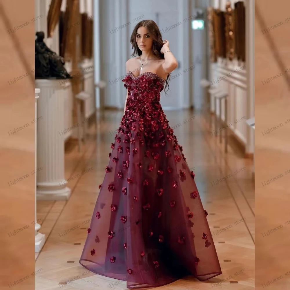 Gorgeous Evening Dresses A Line Organza Prom Dress 3D Appliques Strapless Backless Robes For Women Vestidos De Gala Customized