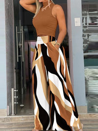 2026 Summer Fashion Printing Two Piece Set Women Casual Solid Sleeveless Tank Top Wide Leg Pants Two Piece Set Women