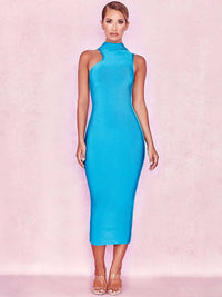 HQBORY High Quality Asymetrical Blue Bandage Dress Midi 2023 For Women High Neck Slim Tight Office Lady Dress Bodycon Celebrity