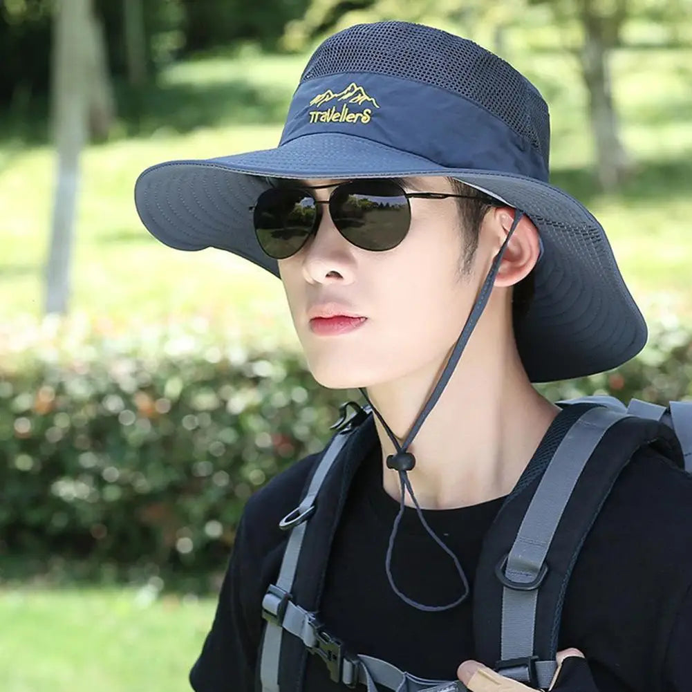 UPF 50+ Wide Brim Sun Hat Fishing Hat Men Women Breathable Hiking Cap UV Protection Foldable Adjustable Strap Cotton Linen
