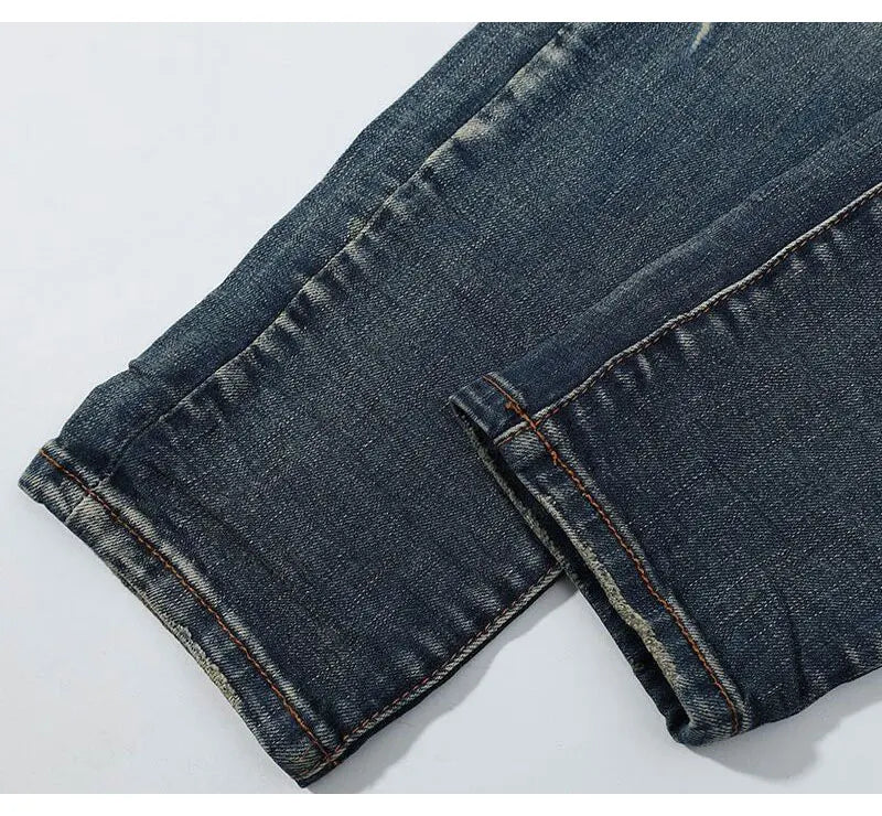 Fashionable new men's jeans with pleated elastic slim fit, retro washed blue jeans, high street designer hip-hop brand pants, ho