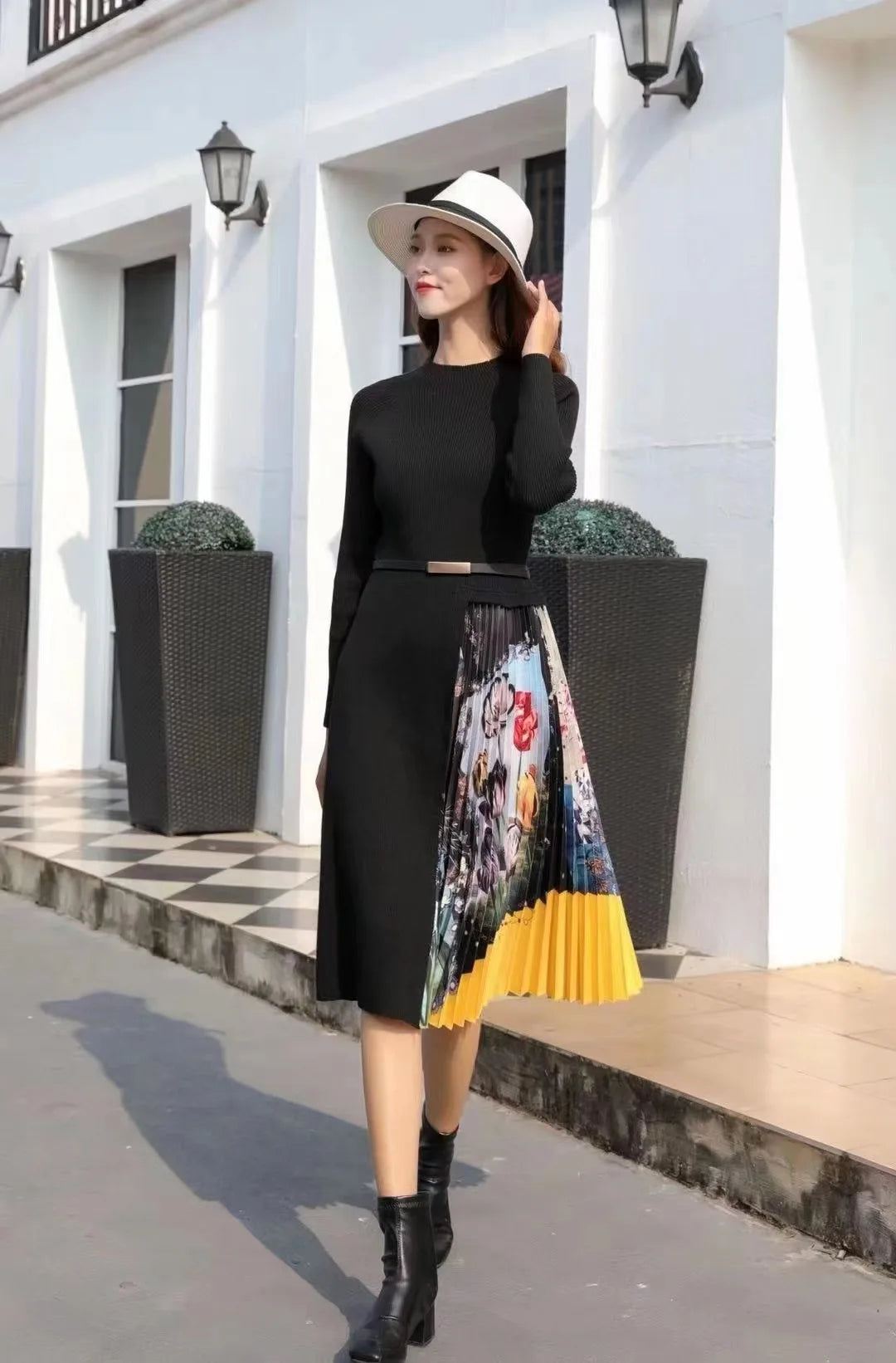 Autumn Winter Elegant Knitted Patchwork Gradient Print Pleated Dress Women  Long Sleeve Office One-Piece Sweater Dress With Belt