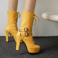 Women Punk Style Lace-Up Ankle Boots Belt Buckle Platform High Heels Short Boot Female White Autumn Winter Round Toe Shoes 2025