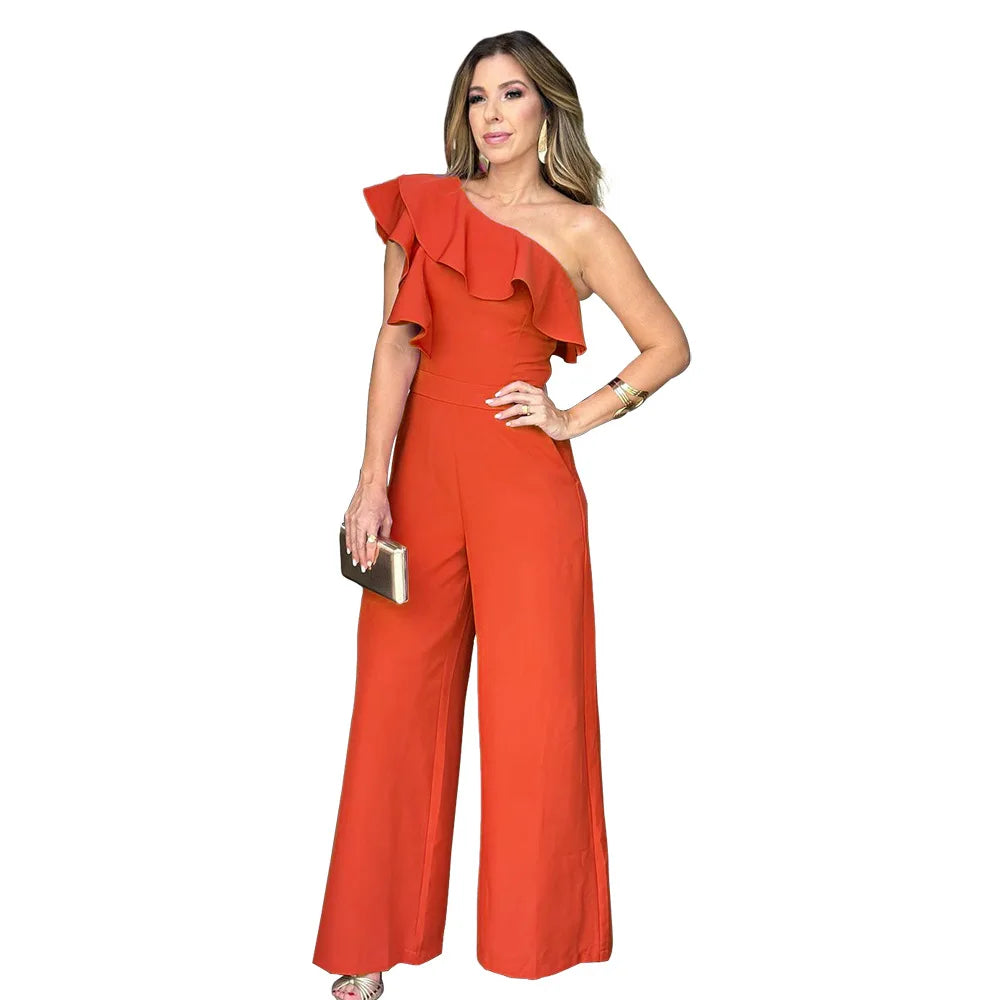Casual Women's Solid Color Jumpsuits Summer Oblique Collar Black Ears High Waist Wide-leg Pants Fashionable Summer Jumpsuits