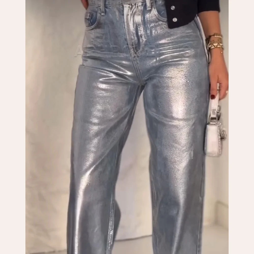 Straight Jeans For Women High Waist Patchwork Vintage Chic Jean Female Fashion Clothes Streetwear Y2K Metallic Clothing 2024