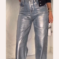 Straight Jeans For Women High Waist Patchwork Vintage Chic Jean Female Fashion Clothes Streetwear Y2K Metallic Clothing 2024